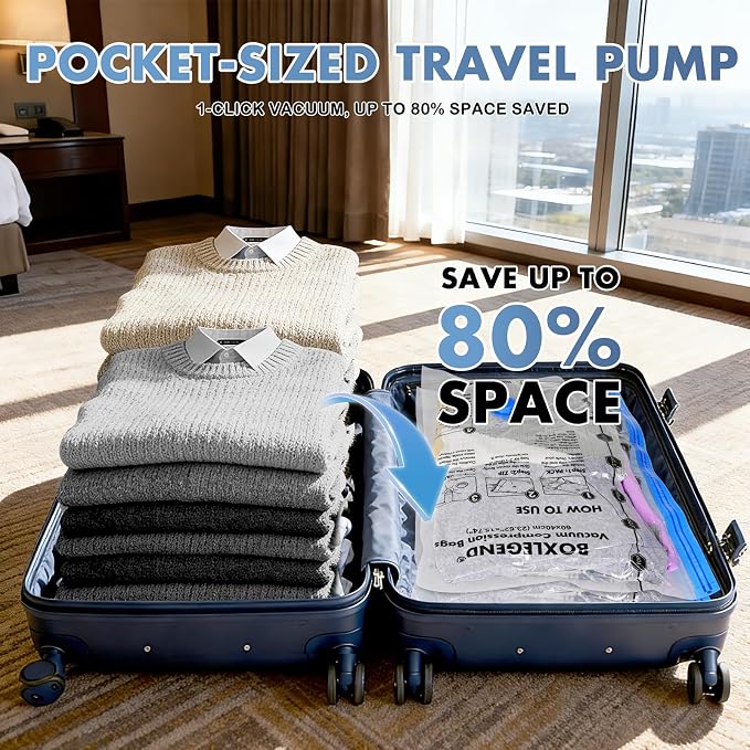 BoxLegend 16 Pack Vacuum Storage Bags with 1200mAh USB Electric Pump - M/S/XS/XXS 4 Sizes Thickened Waterproof Vacuum Seal Bags for Clothing, Travel, Moving & Closet Organization - Save 70% Space