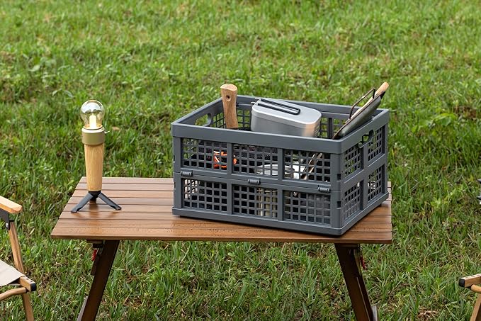 Eslite 34L Large Plastic Folding Storage Crates,Collapsible Crates for Storage,Pack of 3 (Grey)