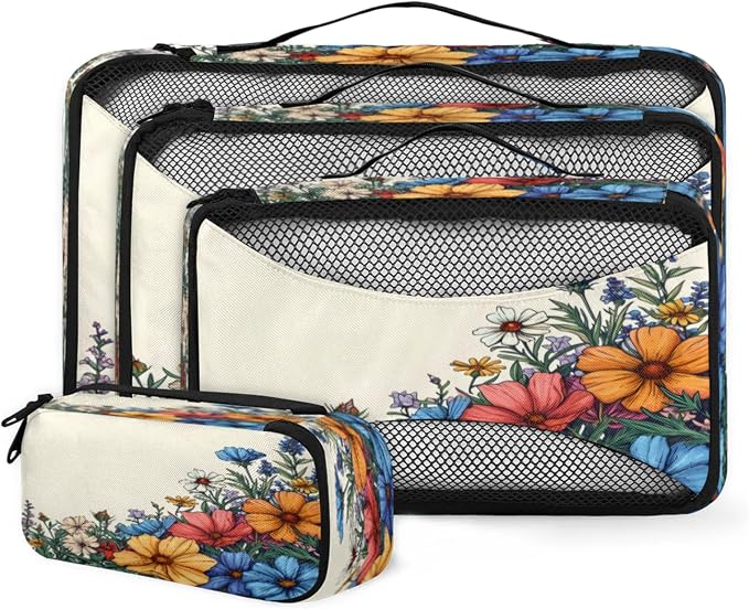 Packing Cubes for Travel, Vintage Floral Travel Luggage Packing Organizers for Women Men, Large Custom Toiletries Bag for Clothes Shoes, Retro Pretty Colorful Flower