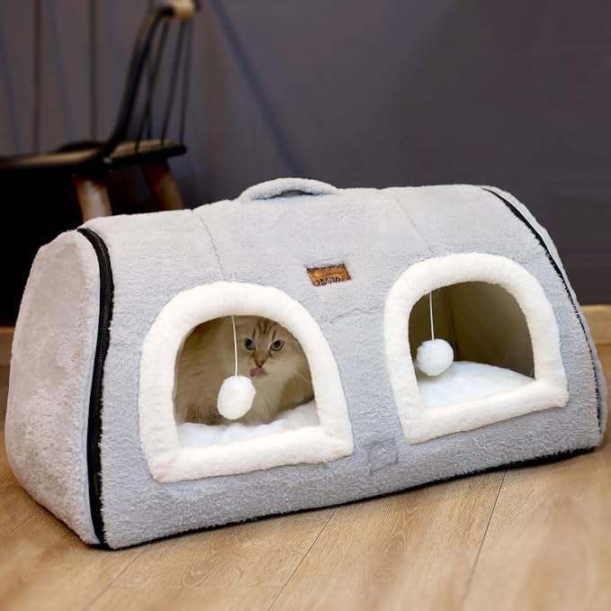 Cat Bed for Indoor Cats，Foldable cat cave，Anti-Slip & Water-Resistant Bottom，cat Houses for Indoor Cats or Small Dogs, Kitten Tent, Rabbit Double Hole Bed:(27.5"×15.3"×15"