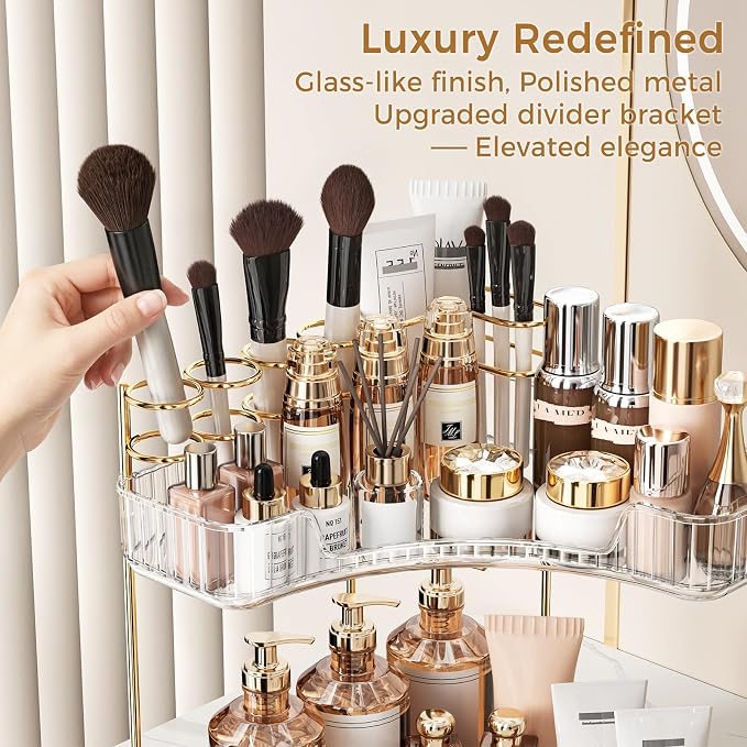 BEFSOP Corner Bathroom Counter Organizer, Upgraded 2-Tier Makeup Organizer Countertop with Makeup Brush Holder, Skincare Exquisite Vanity Organizers Countertop Bathroom Storage Dresser(CLEAR)