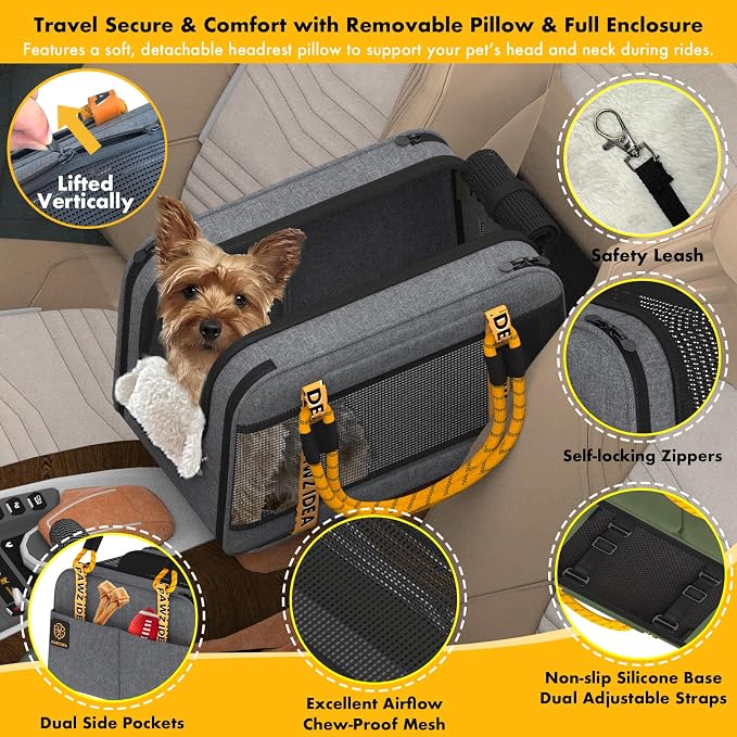 PAWZIDEA Center Console Dog Car Seat, Secure Straps & Anti Slip, Up to 12lb | Enclosed Small Dog Armrest Booster Car Seats, Anti-Collapse Portable Pet Carrier Soft-Sided, Removable Pillow &Storage Pocket