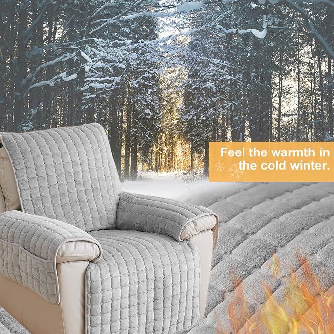 Polyester Flannel Recliner Cover, Non-Slip with 2 Side Pockets | Soft short-pile polyester with silicone backing guards armrests from pet scratches; thick one-piece cover, machine washable.