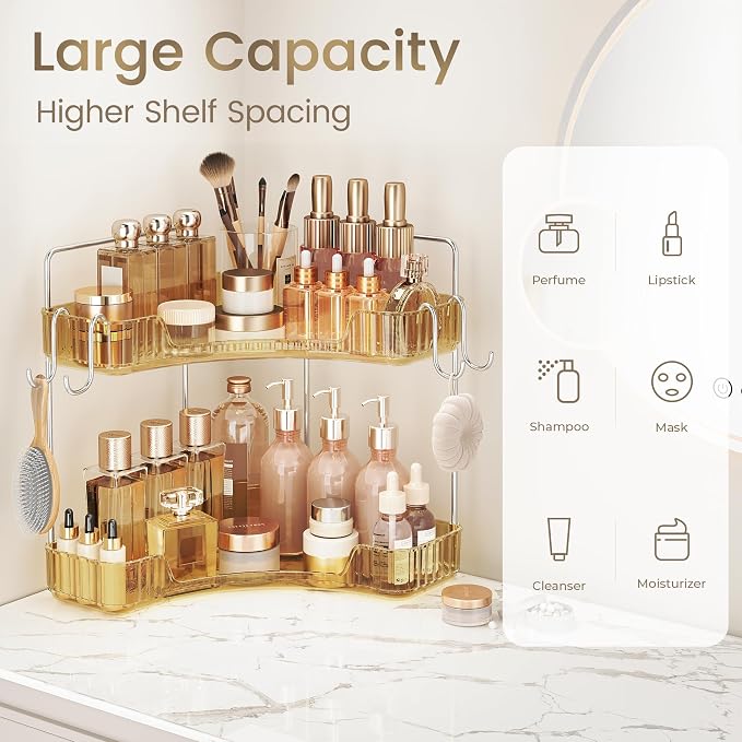 Corner Counter Organizer, 2 Tier Bathroom & Kitchen Storage Tray | PET Vanity Organizer Storage Countertop with Hooks for Skincare, Makeup & Jewelry, Gold