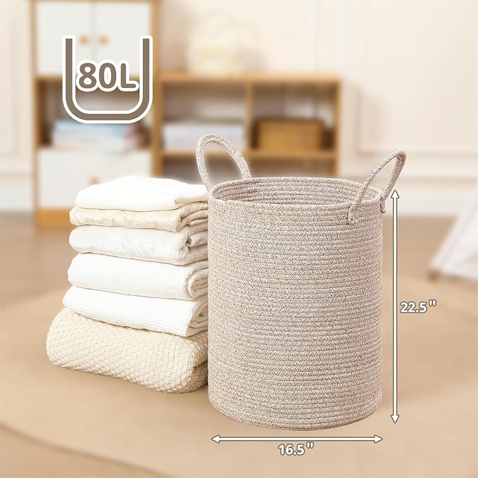 80L Large Woven Laundry Basket Hamper, 100% Natural Cotton Rope, Handwoven & Durable, Storage for Blankets, Toys, Clothes, Decorative Nursery Hamper for Living Room, Baby Room, Bedroom (Brown)
