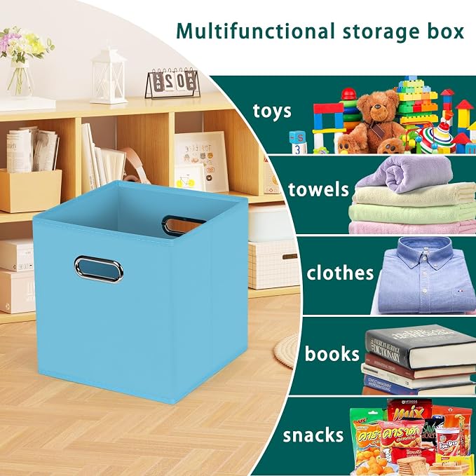 Black Foldable Storage Cubes Bins, Fabric Storage Box Cubes Organizer Baskets with Dual Handles for Home Organizer,Set of 6,(Blue)