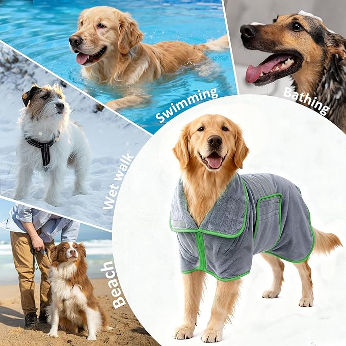 Soft Dog Bathrobe Fast Drying Dog Coat, Super Absorbent Dog Towels for After Bath, Microfiber Pet Robe Adjustable Collar & Belly Warm Keeping Dogs Coat for Pet Dogs & Cats (Grey, 3X-Large)