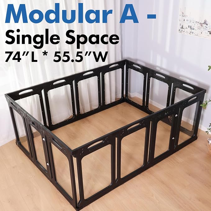 Clear Acrylic Indoor Dog Playpen, 24" H, 14 Panels, Black | Open View, Modern Home Fit, No Climbing Bars, Tool-Free Setup, For Puppies & Small Dogs