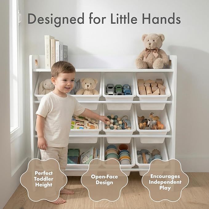 Humble Crew Kids Toy Organizer with Display Shelf, 9 Bins, 3 Tier Storage | Sturdy wood and steel toddler shelf, removable BPA-free containers, wall anchor anti-tip safety kit for bedroom or classroom