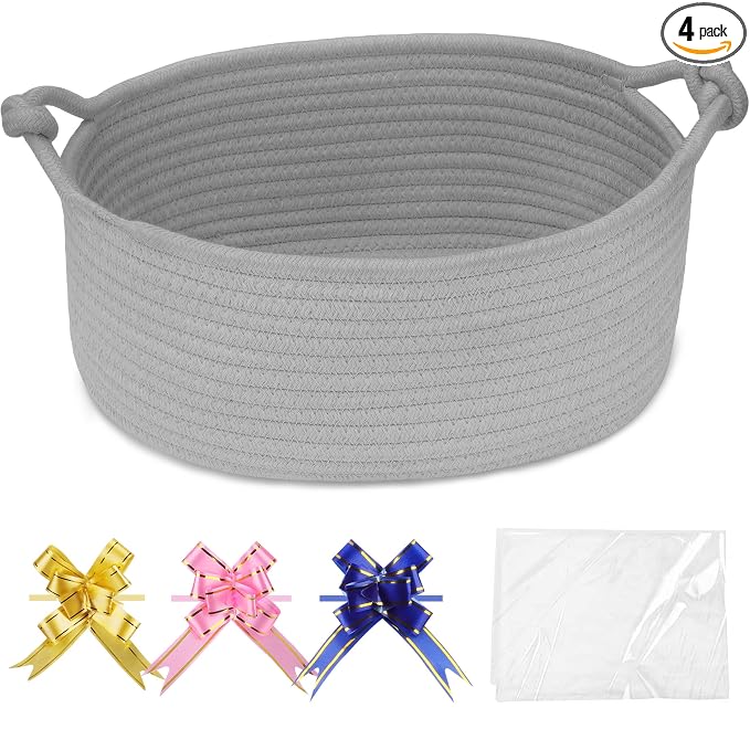 COMSE Small Gift Basket Empty with Bag & Ribbons, Solid Cool Gray | Cotton Rope, 12"x 8"x 5", Pet Toy Storage Organizer, Woven Basket for Birthdays, Baby Showers, Mother’s Day, Valentine’s Day