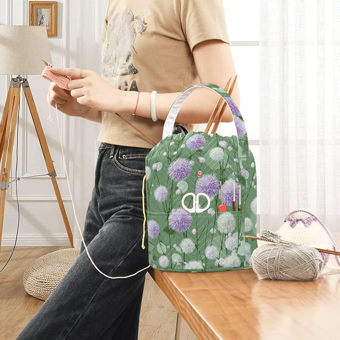 Tatenale Crochet Bag Yarn Bag Knitting Project Bag with Pockets and Handle Portable Yarn Storage Organizer Tangle Free 8.3x11 InchDark Green Flowers Blooms23
