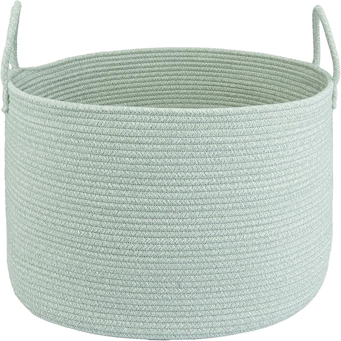 XUANGUO 66L Large Blanket Basket, Round Cotton Rope Basket, Light Green | 20" x 13" Laundry Basket with Sturdy Handles for Blankets, Pillows and Toys; Storage for Living Room, Bedroom and Nursery