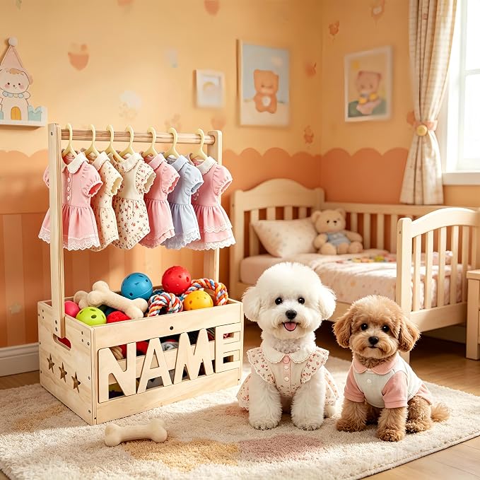 13.5"x9.5"x20.1" Wooden Pet Wardrobe Closet with Hangers, Personalized Alphabet Letters & Sticker, Easy Assembly Crate for Dog/Cat Closet, Dog Closet Organizer for Toys Clothes and Accessories