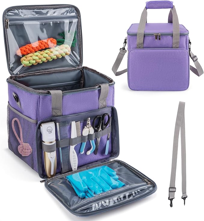 SMYV Pet Grooming Bag for Dog Grooming Supplies, Dog Tote Travel Bag for Pets Grooming Tools Kit Accessories - Light Purple