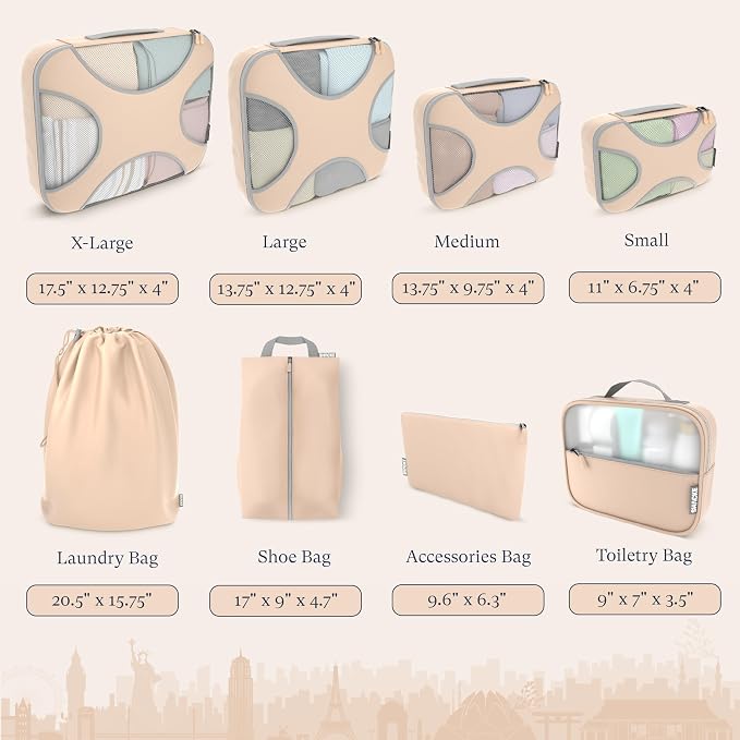 Shacke 8 Set Packing Cubes for Travel, Shoe & Toiletry Bags (Nude Biege) | Complete Suitcase Organizer Bags Set: 4 Luggage Packing Cubes + Laundry, Shoe, Toiletry & Accessories Bags for Any Trip