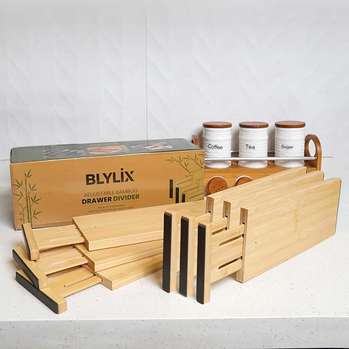 Bamboo Drawer Dividers 6 Pack with Non Slip Liner, Adjustable Expandable Drawer Organizer for Dresser, Kitchen, Bathroom, 4.5 Inch Tall Separators for Clothes, Fits 12 to 17.5 Inch Drawers