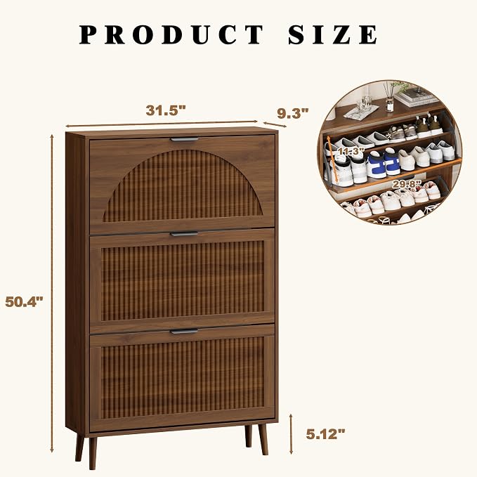 Shoe Storage Cabinet with 3 Flip Drawers, Narrow Wood Shoe Organizer Cabinet with Fluted Panel, Slim Shoe Rack for Entryway, Freestanding Shoe Cabinet for Living Room, Hallway, Walnut