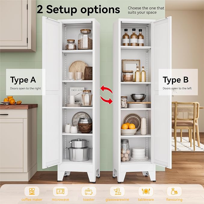 YAUWOH White Narrow Metal Storage Cabinet, Tall Freestanding Cabinet with 4 Adjustable Shelves & Barn Doors, Pantry Organizer for Bathroom Kitchen Home Office Dining Room（1PC,White）