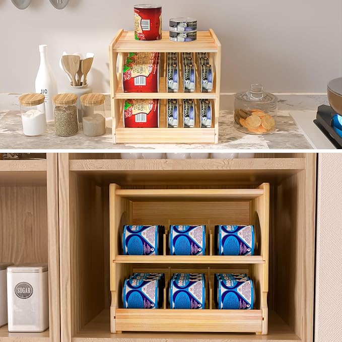 Wood Cat Can Organizer for Pantry, 2 Tier Stackable Can Storage Rack for Kitchen Counter And Cabinet Cat Food Storage Container Holds 36 (3oz) Cans FIFO Design