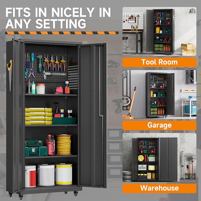 71''H Garage Storage Cabinet, Meatl Storage Cabinet with Lock | Tool Storage Cabinet, Steel Tool Cabinet with 2 Doors and Shelves for Garage, Warehouse, Assembly Required, Black