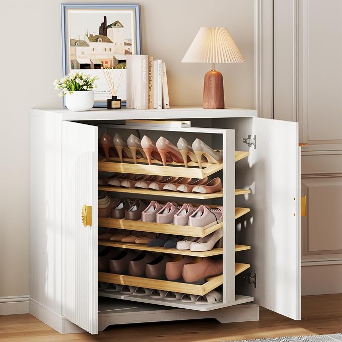 Vlsrka Rotating Shoe Storage Cabinet with Doors and 6 Tier Shelves, White | Suitable for 18 Pairs Shoe Organizer, Freestanding, Pull Out Shoe Rack, Wooden Entryway Cabinet for Hallway, Closet, Indoor
