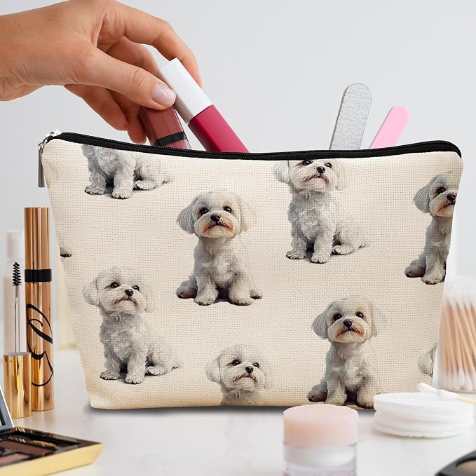 Maltese Dog Makeup Bag, Maltese Lovers Gifts Cosmetic Bag for Women, Dog Mom Lovers Owner Gifts for Women Christmas, Pet Lover Gift Zipper Travel Makeup Pouch for Purse
