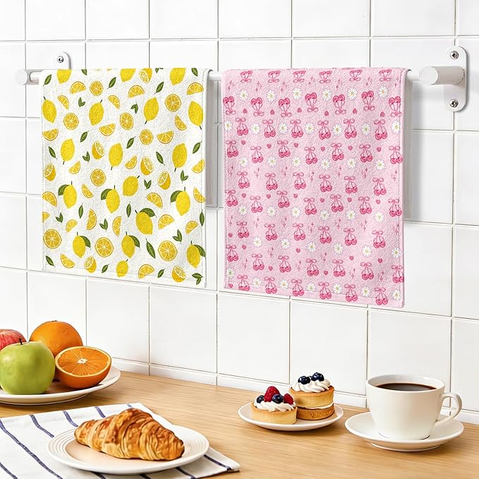Lemon Kitchen Towels Set of 2 - Lemon Cherry Dish Towels for Kitchen Drying, Absorbent Dish Towels, Cute Fruit Kitchen Decor, Lemons Themed Gifts for Women, Summer Holiday Kitchen Accessories