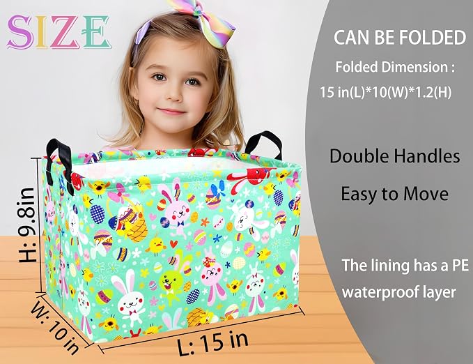 Large Rectangular Easter Baskets Empty Waterproof Boy Toy Box Foldable Kid's Gifts Storage Bin Spring Room Decor(Green Dancing Rabbit)