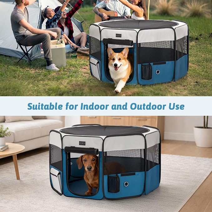 PETSFIT Portable Dog Playpen 36", Removable Waterproof Mat, Zippered Roof | 3-Second Setup, Collapsible Storage, RV Camping Travel, Indoor Outdoor Use, Medium Dogs and Cats, 36"L x 36"W x 21"H