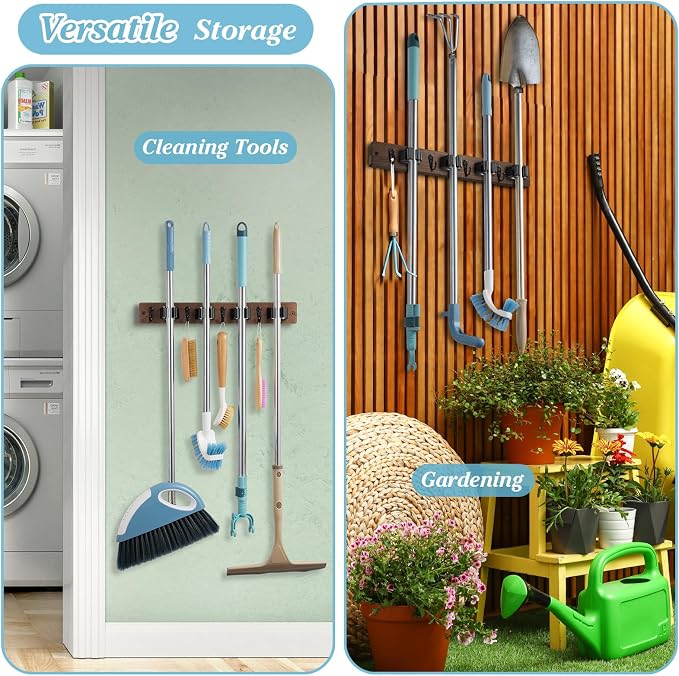 Broom Holder Wall Mount - Heavy Duty Wood Mop and Broom Organizer with 4 Slots & 4 Hooks - Garden Tool Hanger for Laundry Room Closet Kitchen Garage Storage and Organization - Modern Home Decor