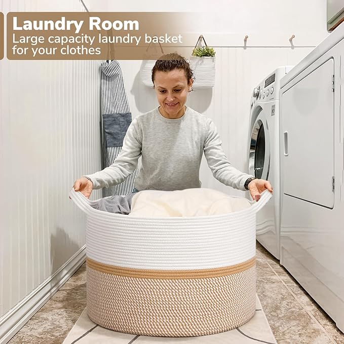 CHICVITA XXL Cotton Rope Woven Blanket Basket with Handles, White & Brown | Home decor storage basket for laundry, baby nursery, toys. Decorative toy bin, 22x22x14in