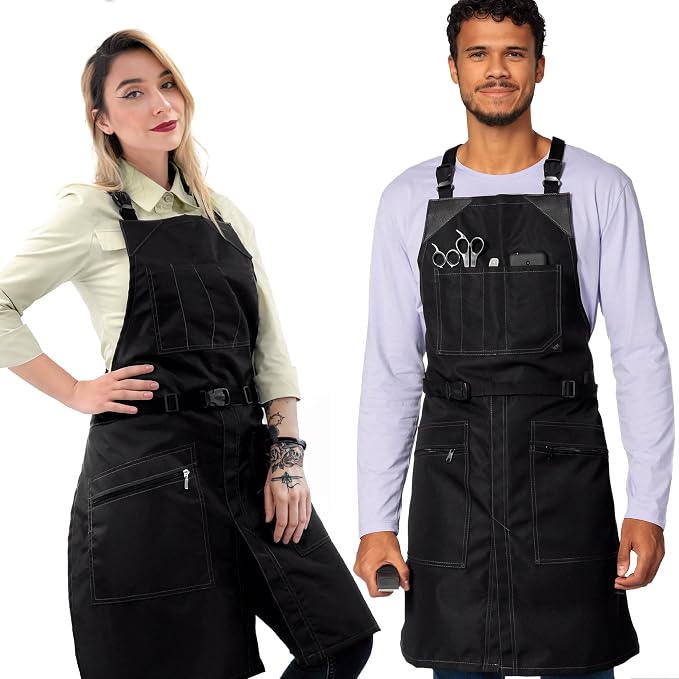Under NY Sky Barber Apron, Cross-Back with Buckle, Zipped Pockets, Black | Oxford Canvas Resists Liquids, Chemicals, Ink, Dye. Quick-Release Buckle, Split-Leg, For Hair Stylist, Colorist, Barbers
