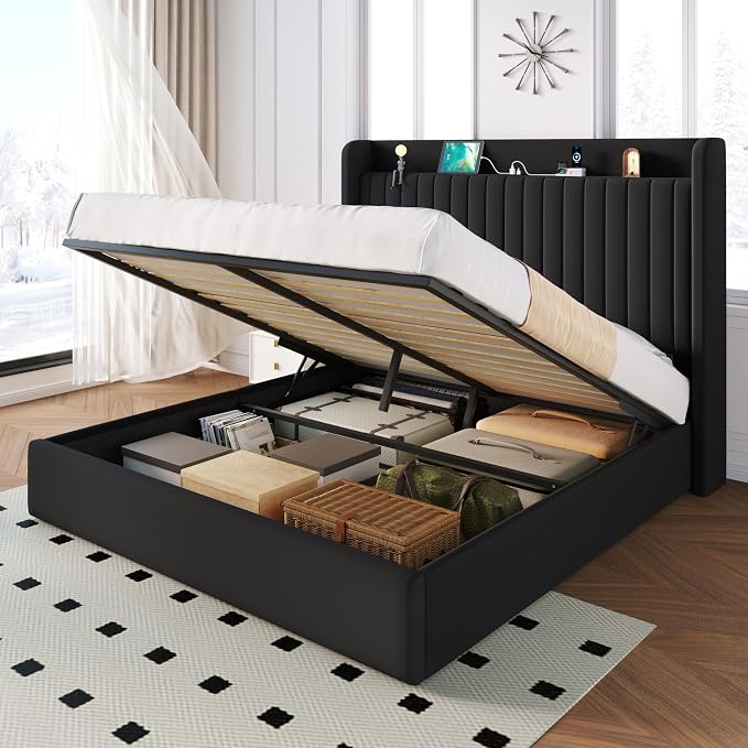 SHA CERLIN Full Size Lift Up Storage Bed Frame, Charging Station, Black | Storage Headboard with Charging Station, USB, Type-C Port Velvet Hydraulic Storage Bed No Box Spring Needed Noise Free
