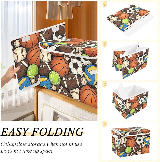 Ball Sport Soccer Storage Bins with Lids Closet Bedroom 40L Storage Basket | Decorative Storage Boxes, Foldable & Stackable, Dust-Proof Flip Top, Reinforced Handles, For Home & Dorm, Clothes & Toy Box