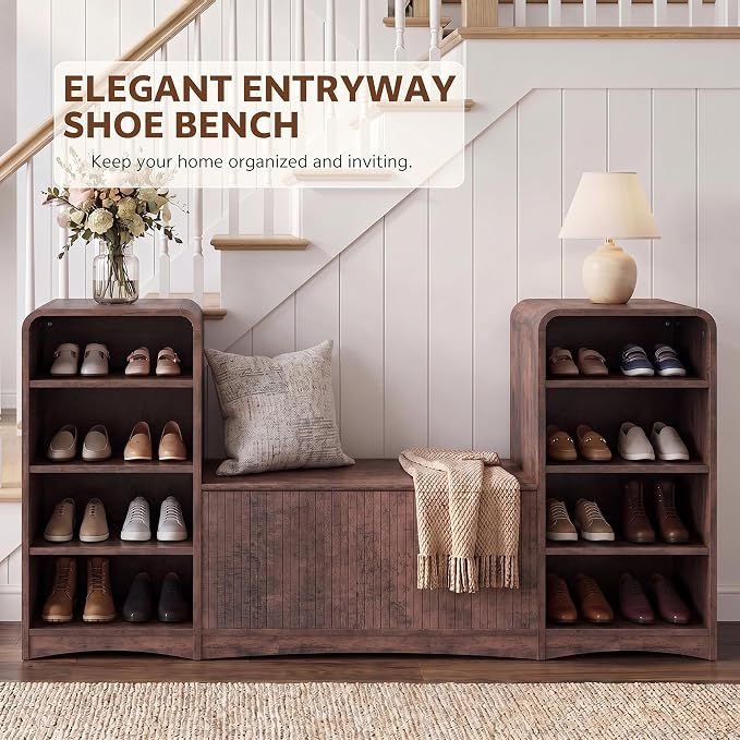 U-Shaped Shoe Cabinet Bench with Flip-Open Box & Shelf, Walnut | 63" W Lift-Top Storage Wooden Bench for Entryway, Living Room, Hallway