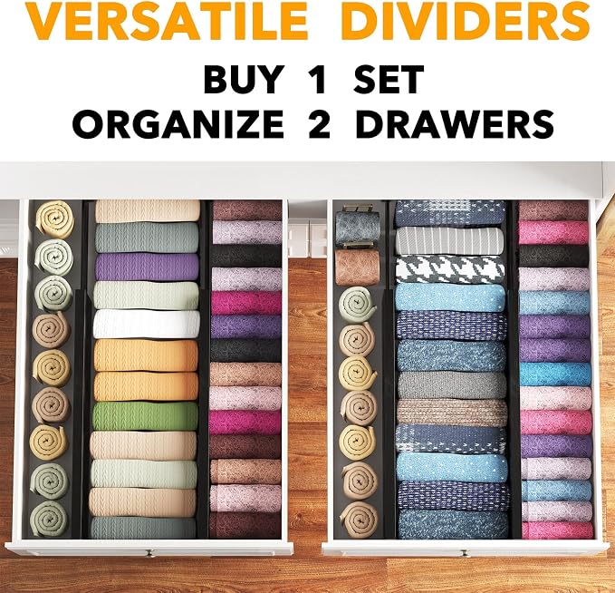 SpaceAid Bamboo 4 Pack Dresser Drawer Dividers, 4.65“ High Adjustable 17“-22” Drawer Organizers, Expandable Organization for Clothing, Clothes, Dressers, Black