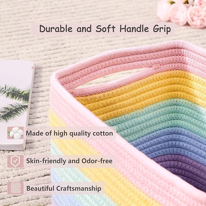 Rainbow Rope Basket for Shelves Storage Bins for Toys 4 Pack | Woven Rectangle Storage Basket for Baby Girl Nursery Toy Storage for Playroom, Classroom, or Girls' Room 12.7"L x 9"W x 7.8"H