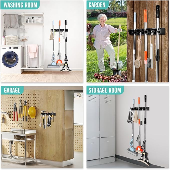 InPoTo Broom and Mop Holder, Wall Mounted Organizer Storage Tool Rack with 5 Ball Slots and 6 Hooks (2 Pack)