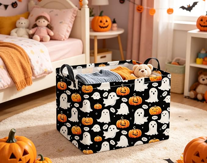 Halloween Basket Cute Baskets for Kids Pumpkin Basket Rectangular Storage Bin Organizer Box Room Decor(Black Ghost Pumpkin)