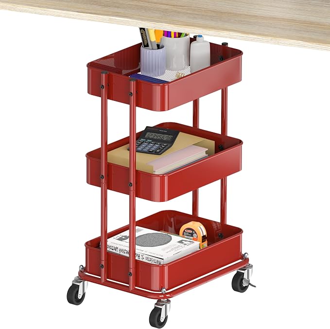 Simple Houseware 3-Tier Utility Cart, Low 24" Height Fits Under Desk, Red | Compact & Lower Height Great for Under-Desk Space-Saving Storage for Home Office, Dining Room, or Kitchen