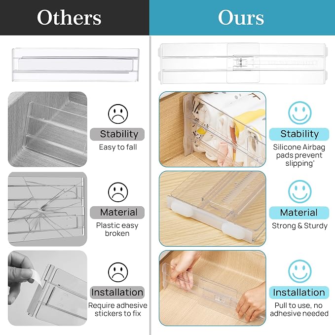 Vtopmart 4" High Drawer Dividers for Clothes, 13"-22" Adjustable, 8 pack | Expandable Dresser Drawer Organizer, Clear Plastic Separators for Dresser, Baby Clothing, Underwear, Cosmetic, Toiletries