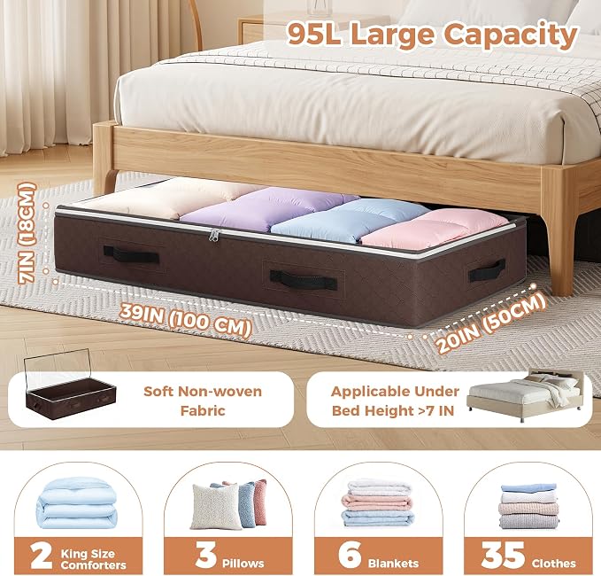 6 Pack 95L Under bed Storage Containers Brown | Underbed Storage Bags for Blankets, Towels, Comforter, Sweaters, Linen Sheets, Wrapping Paper