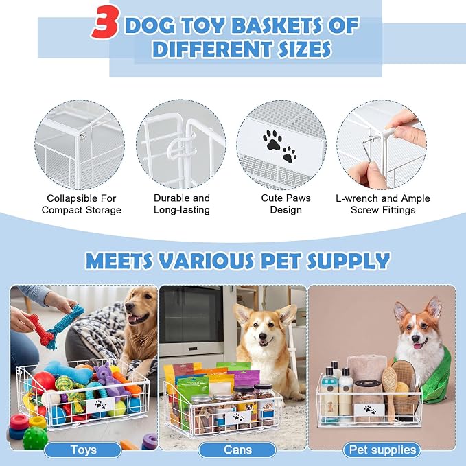 3 Pack Metal Dog Toy Baskets Multi-sized Foldable Dog Toy Bins Box Storage Container Organizer for Living Room Area Decorative Pet Accessories Coat Clothing Storage Holder Baskets(White)
