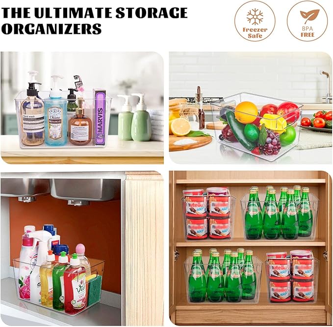 6 Pack Clear Plastic Storage Bins, Kitchen&Pantry Organizer Large | Heavy-duty 450g BPA-free PETG containers with handles for fridge, under-sink, bathroom, office, closet, and dorm storage