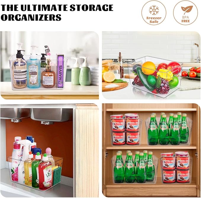 Set of 8 Pantry Organizers and Storage, Clear Plastic Bins(4L+4S) | BPA-free PETG storage containers with handles, ideal for kitchen, fridge, bathroom, cabinet, office, and dorm organization