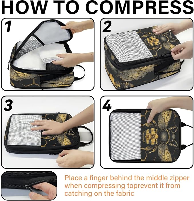 TropicalLife Wildlife Bee 6 Set Compression Packing Cubes | Geometric Honeycomb Travel Accessories Expandable Packing Organizers Space Saver Bags for Organizing Clothes