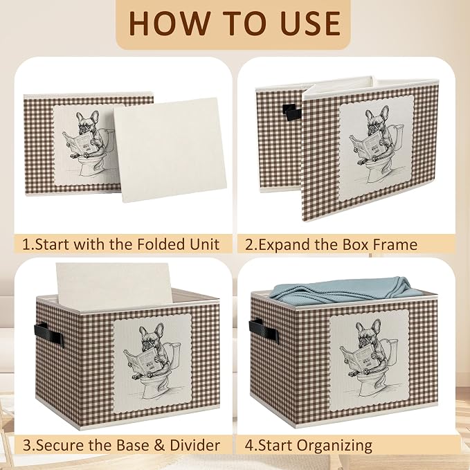 French Bulldog Bathroom Foldable Storage Bins Box with Handles, French Bulldog Gifts for Women Men, Boho Gingham Frenchie Dog Decorative Storage Boxes Baskets Organizer for Washroom Bathroom