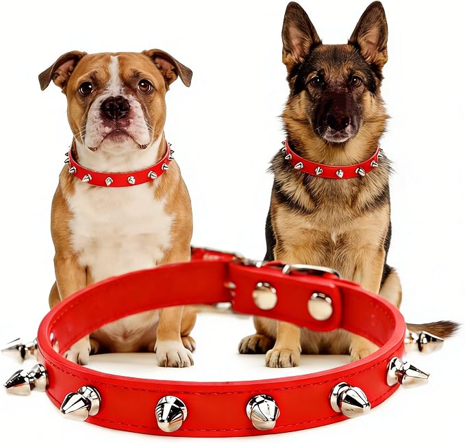 Enjoying Spiky Dog Collar, Spiked Dog Collar for Large Dogs, Anti-Bite Studded Protective Pet Neck, Faux Leather Spiky Collar with Metal Rings for Hold Pet Tags/Leash, Adjustable, Red, L