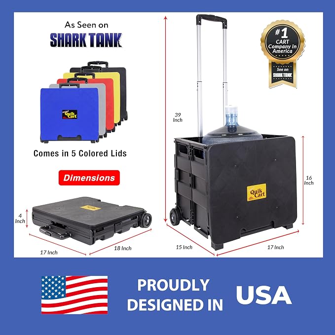 dbest Products Quik Cart Standard Collapsible Rolling Crate - Black | with Wheels, Roll Up to 80 lbs Capacity, Heavy Duty Plastic Construction, Telescoping Handle, Foldable Utility Cart