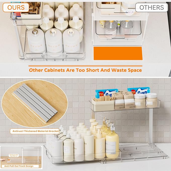 2 Pack 14.6″ Deep Pull Out Under Sink Organizer,12.8″ High 2 Tier Slide Out Cabinet Organizer for Kitchen Cabinet,Undersink Organizers,Under Sink Shelves,Bathroom Organizers and Storage,Clear